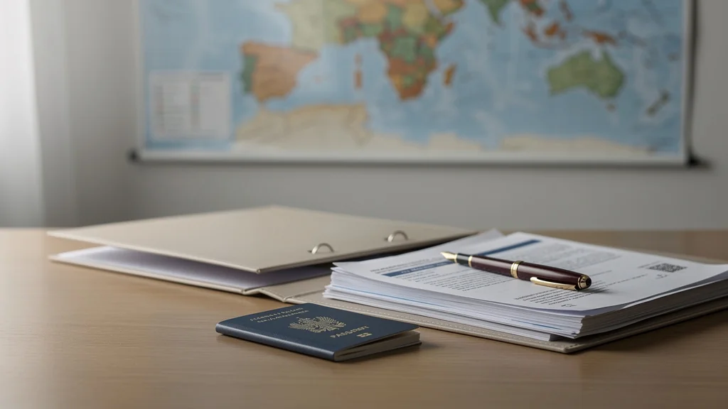 Personne préparant son départ à l'étranger avec dossier fiscal et passeport