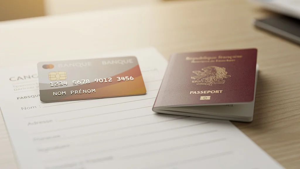 Carte bancaire et passeport posés sur un bureau, dossier d'ouverture de compte pour un expatrié