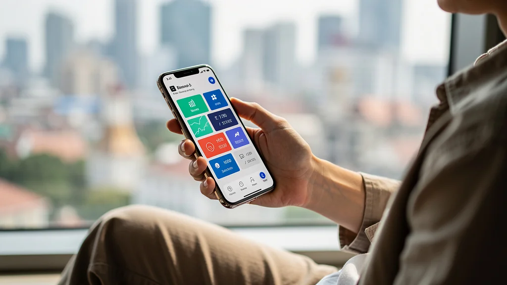 Personne consultant son compte multidevises sur un smartphone depuis l'étranger